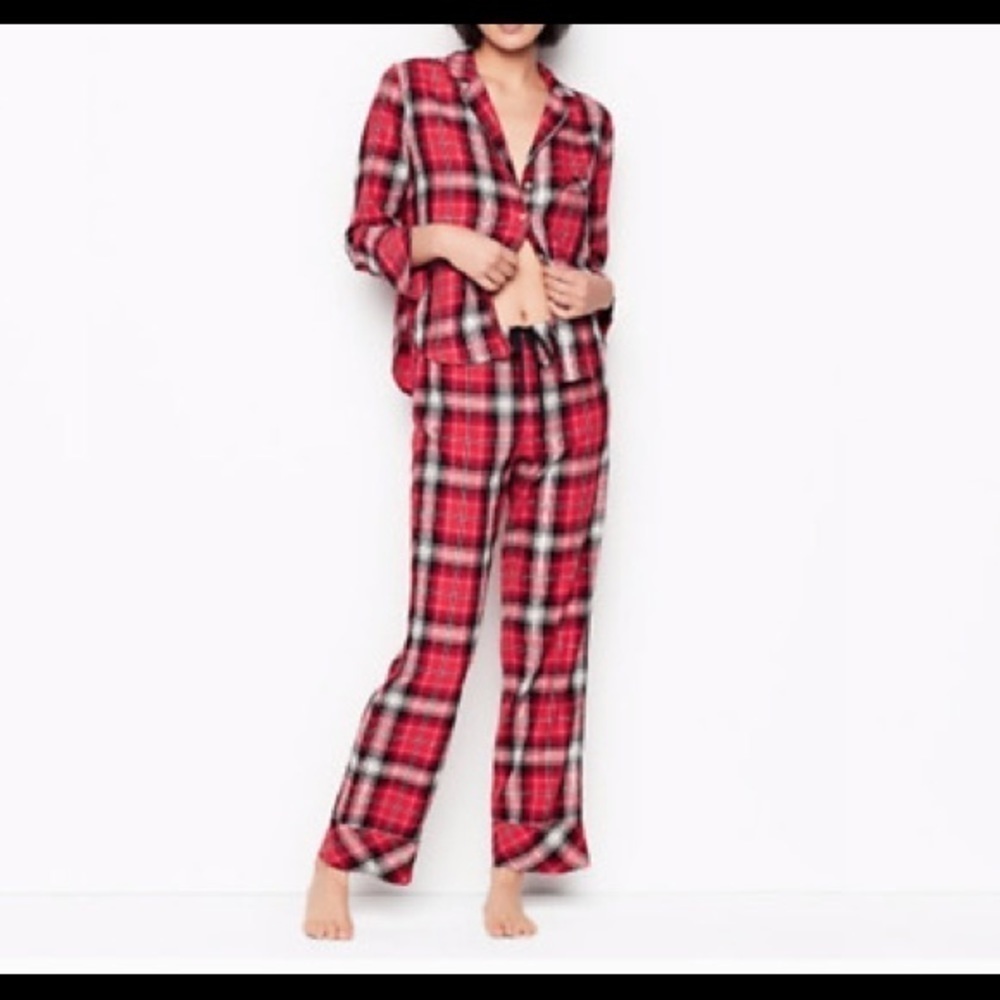 Victoria’s Secret Red Pink Black Plaid Flannel Pajama Set Sz. M Cozy Glamping